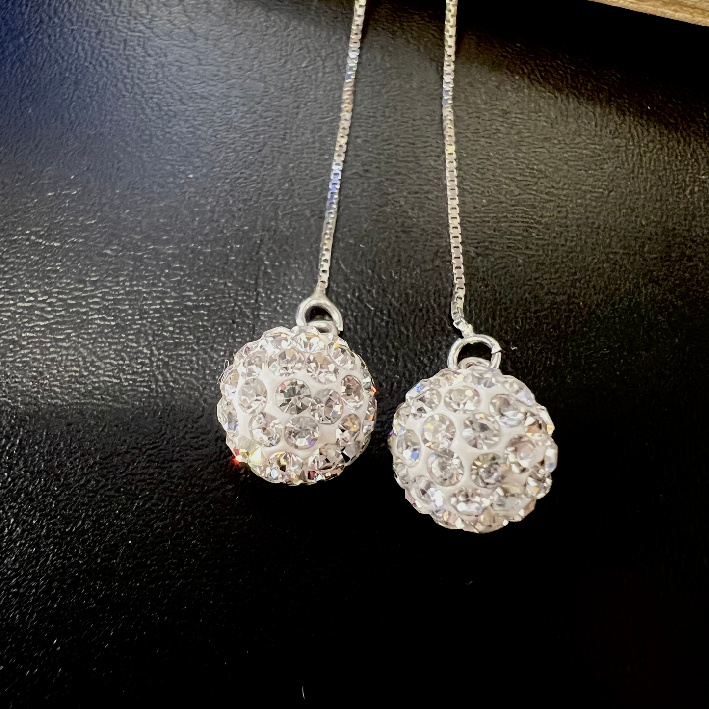 Sterling Silver Shambolla Clear Crystal Ball Long Threader Earrings