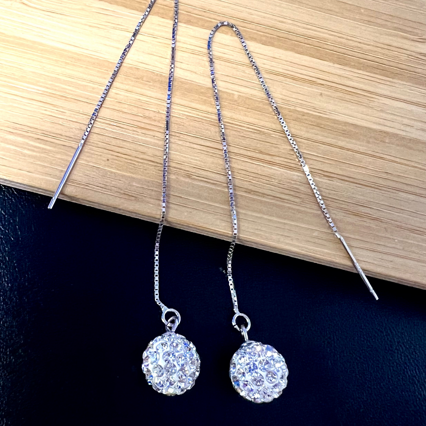 Sterling Silver Shambolla Clear Crystal Ball Long Threader Earrings