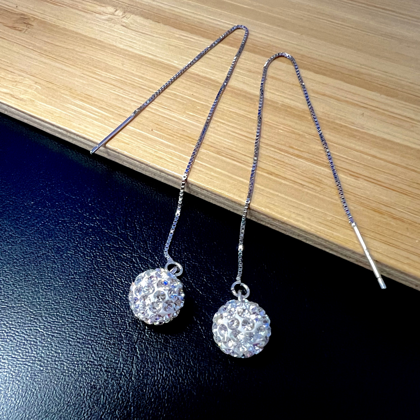Sterling Silver Shambolla Clear Crystal Ball Long Threader Earrings