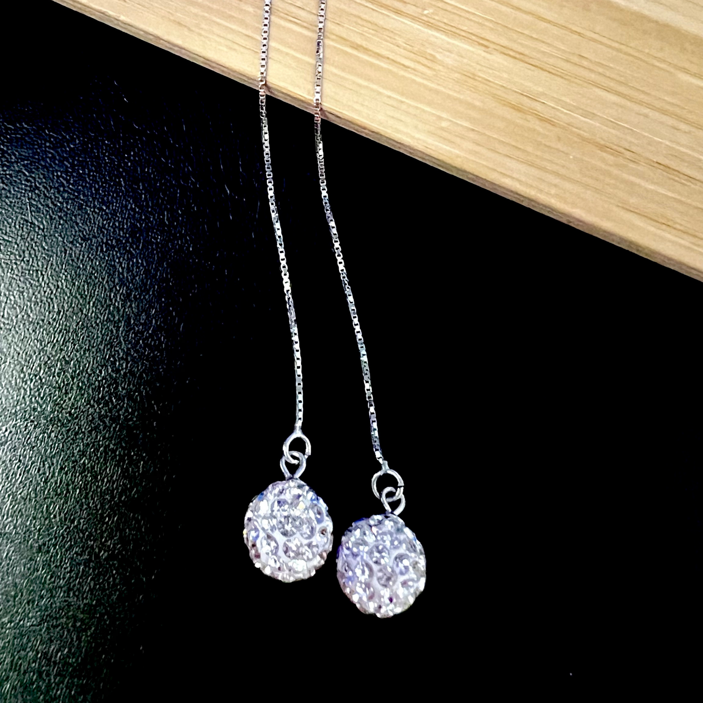 Sterling Silver Shambolla Clear Crystal Ball Long Threader Earrings
