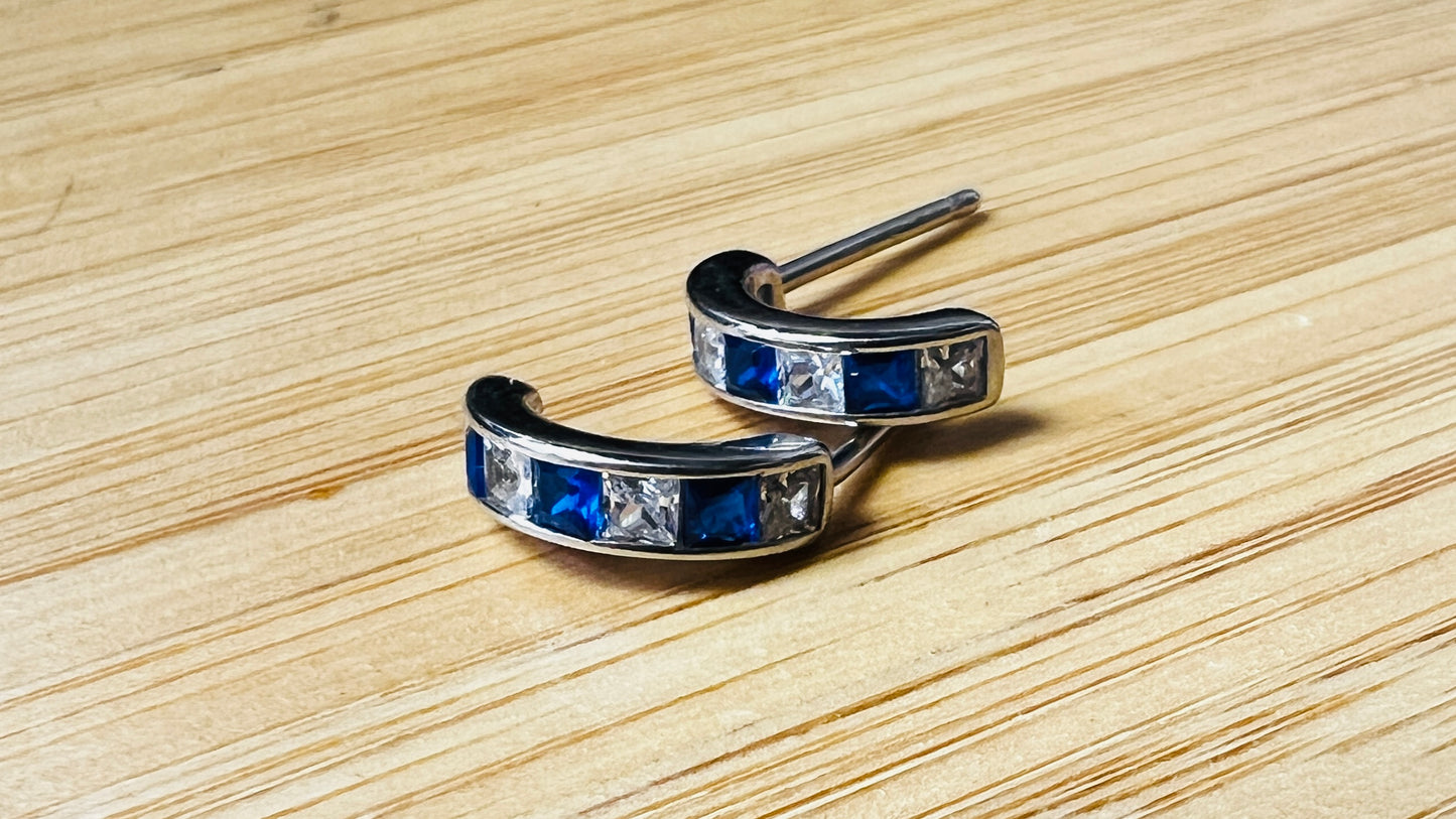 Sterling Silver Blue Half-hoop CZ Clear Studs Earrings