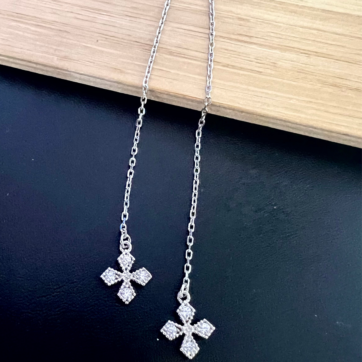 Sterling Silver Clover White Crystal Long Threader Earrings