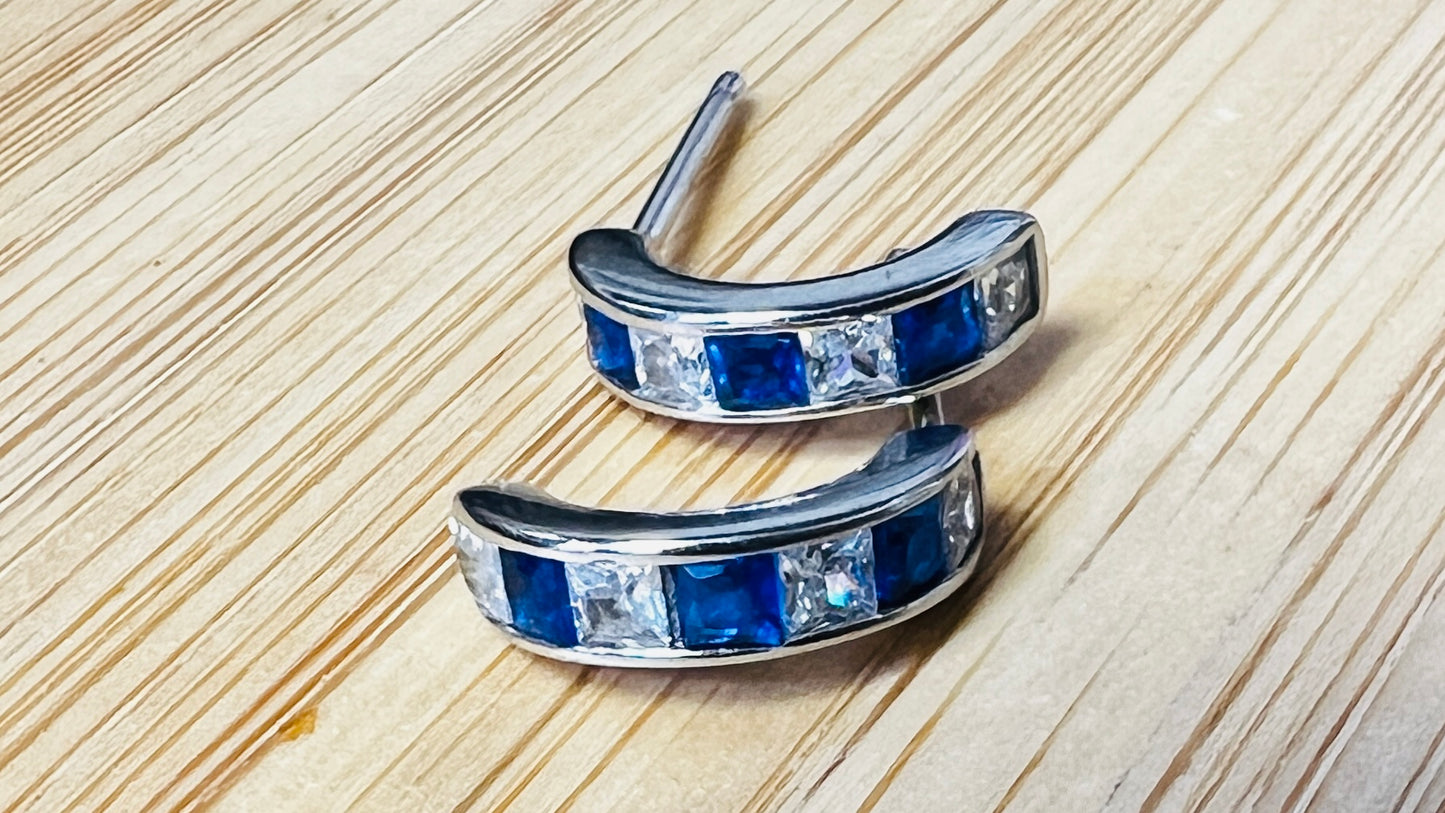 Sterling Silver Blue Half-hoop CZ Clear Studs Earrings
