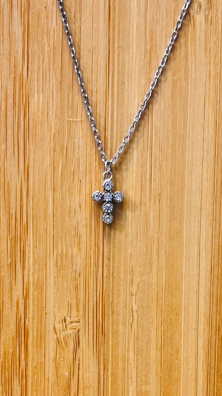 Kusuz Sterling Silver Small Cross Necklace – with CZ Crystals