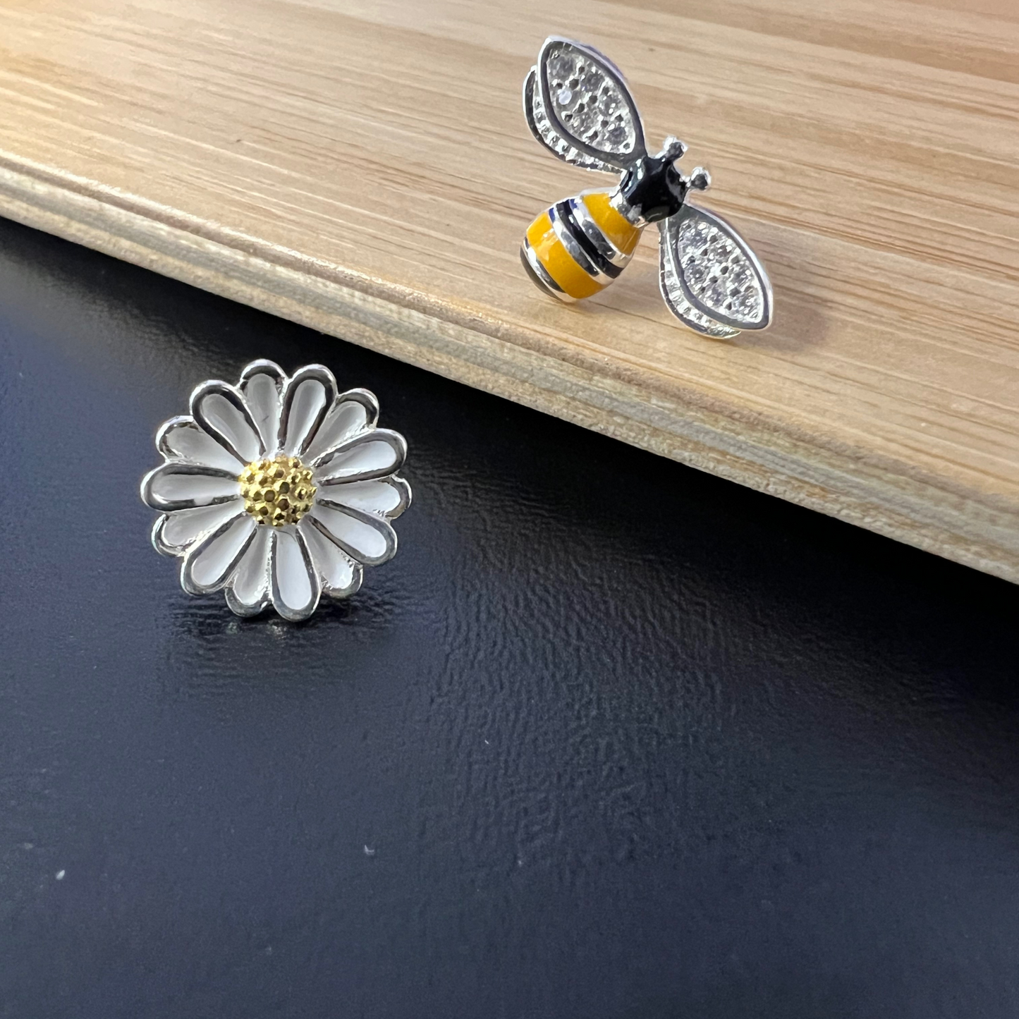 Sterling Silver Bumblebees and Flower Yellow and Black CZ Studs Earrings