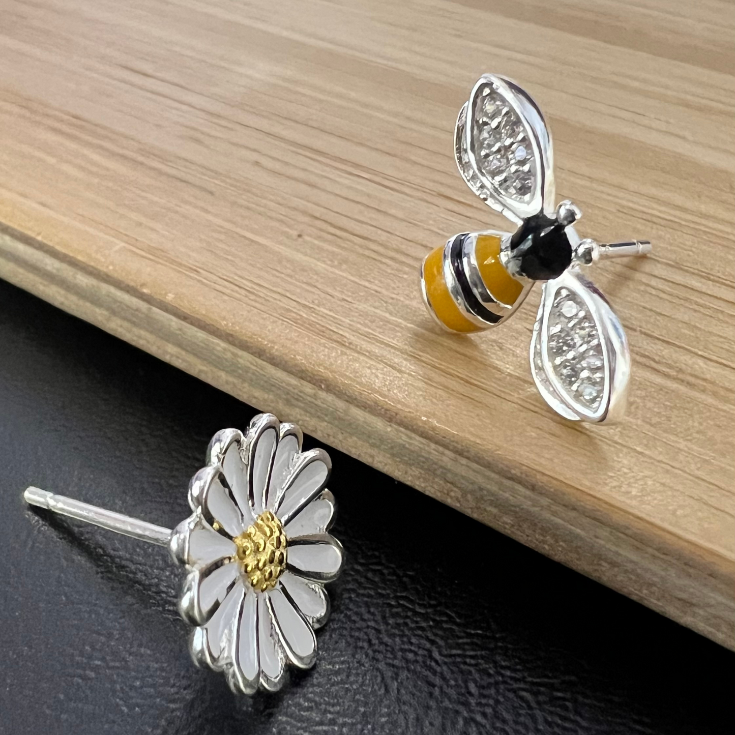 Sterling Silver Bumblebees and Flower Yellow and Black CZ Studs Earrings