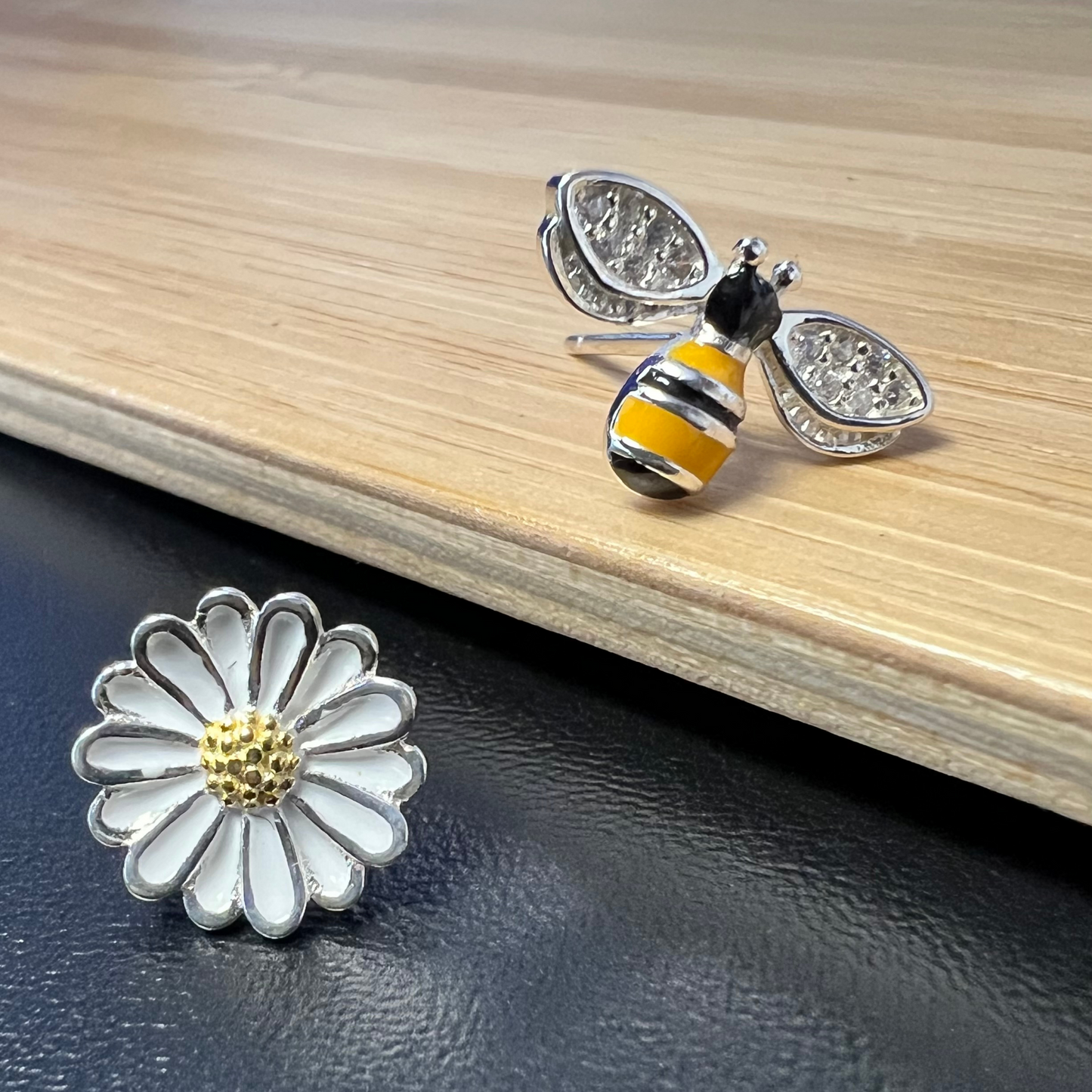 Sterling Silver Bumblebees and Flower Yellow and Black CZ Studs Earrings