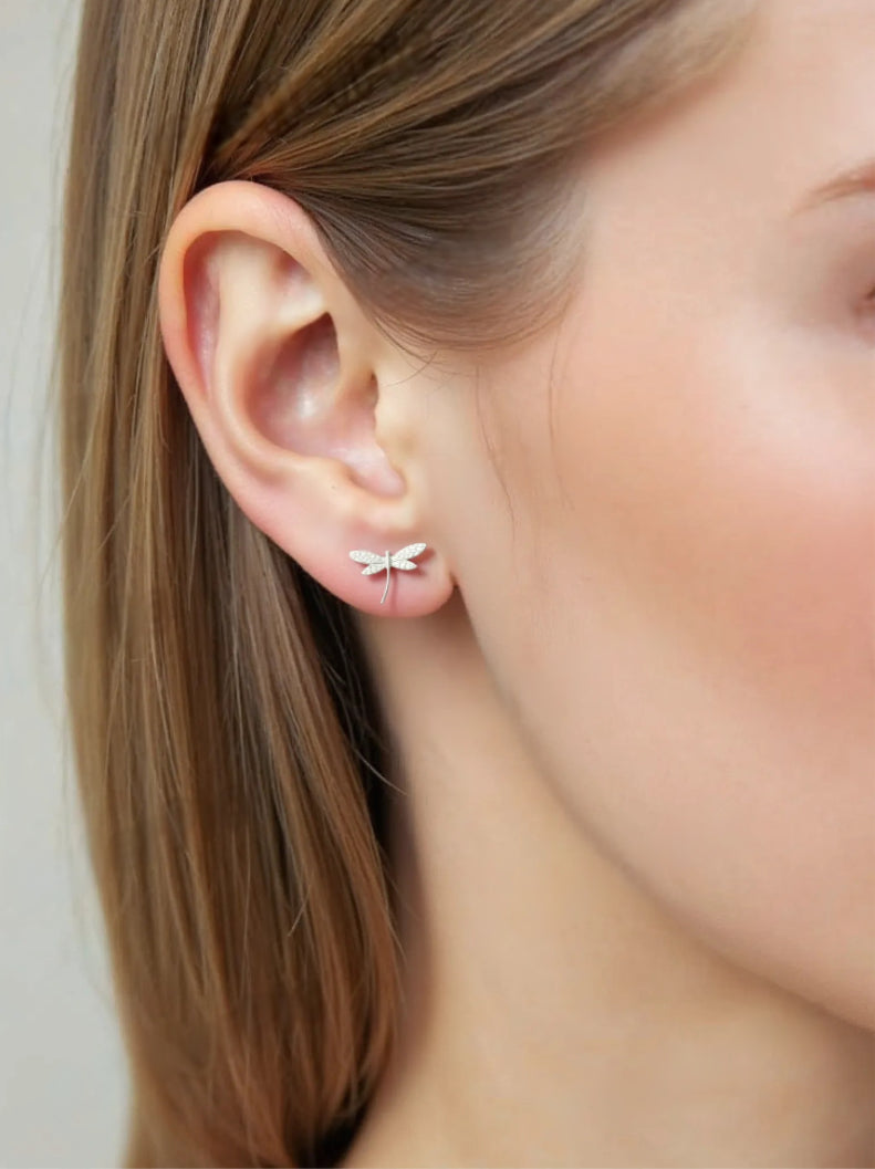 Sterling Silver Dragonfly CZ Stud Earrings