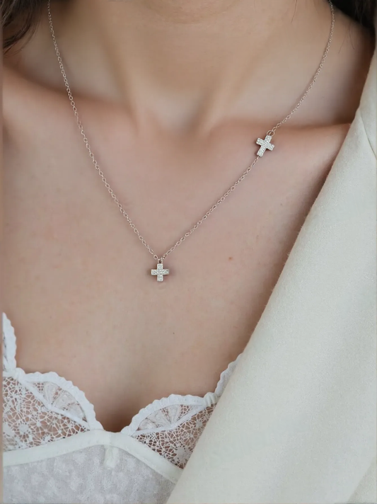 Kusuz Sterling Silver Double Cross Necklace – with CZ Crystals.