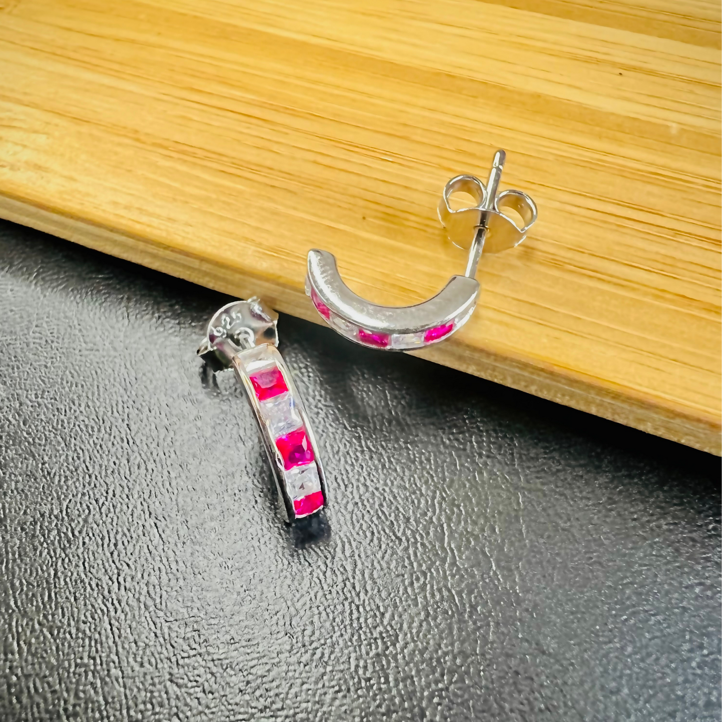 Sterling Silver Pink Half-hoop CZ Clear Studs Earrings