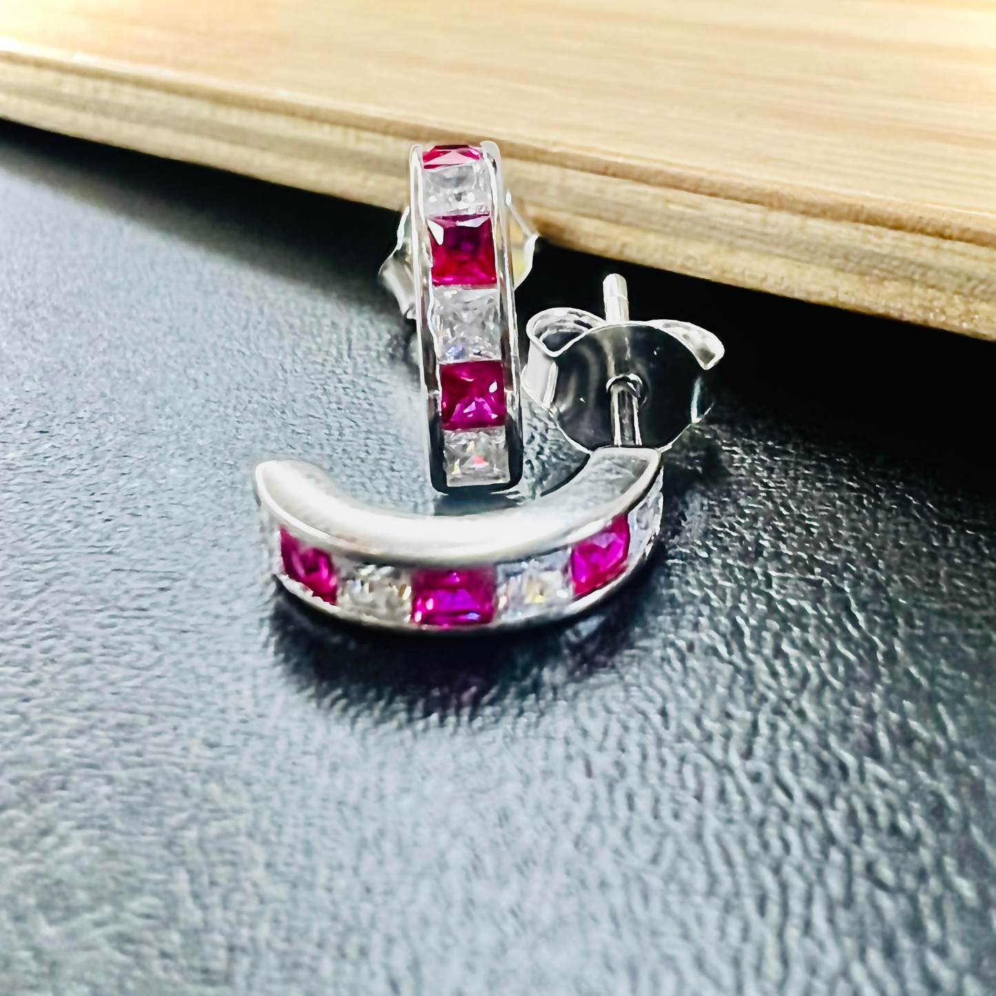 Sterling Silver Pink Half-hoop CZ Clear Studs Earrings