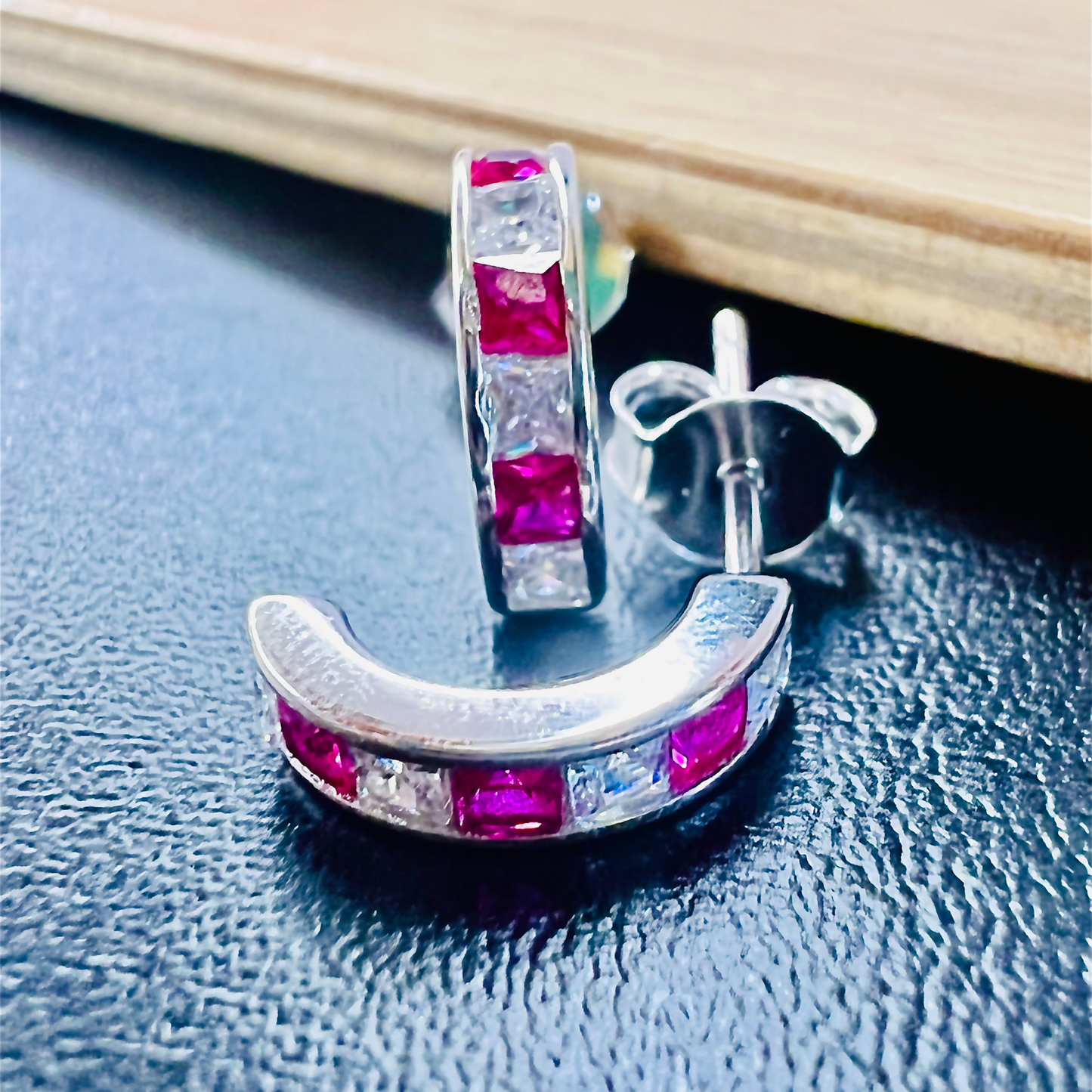 Sterling Silver Pink Half-hoop CZ Clear Studs Earrings