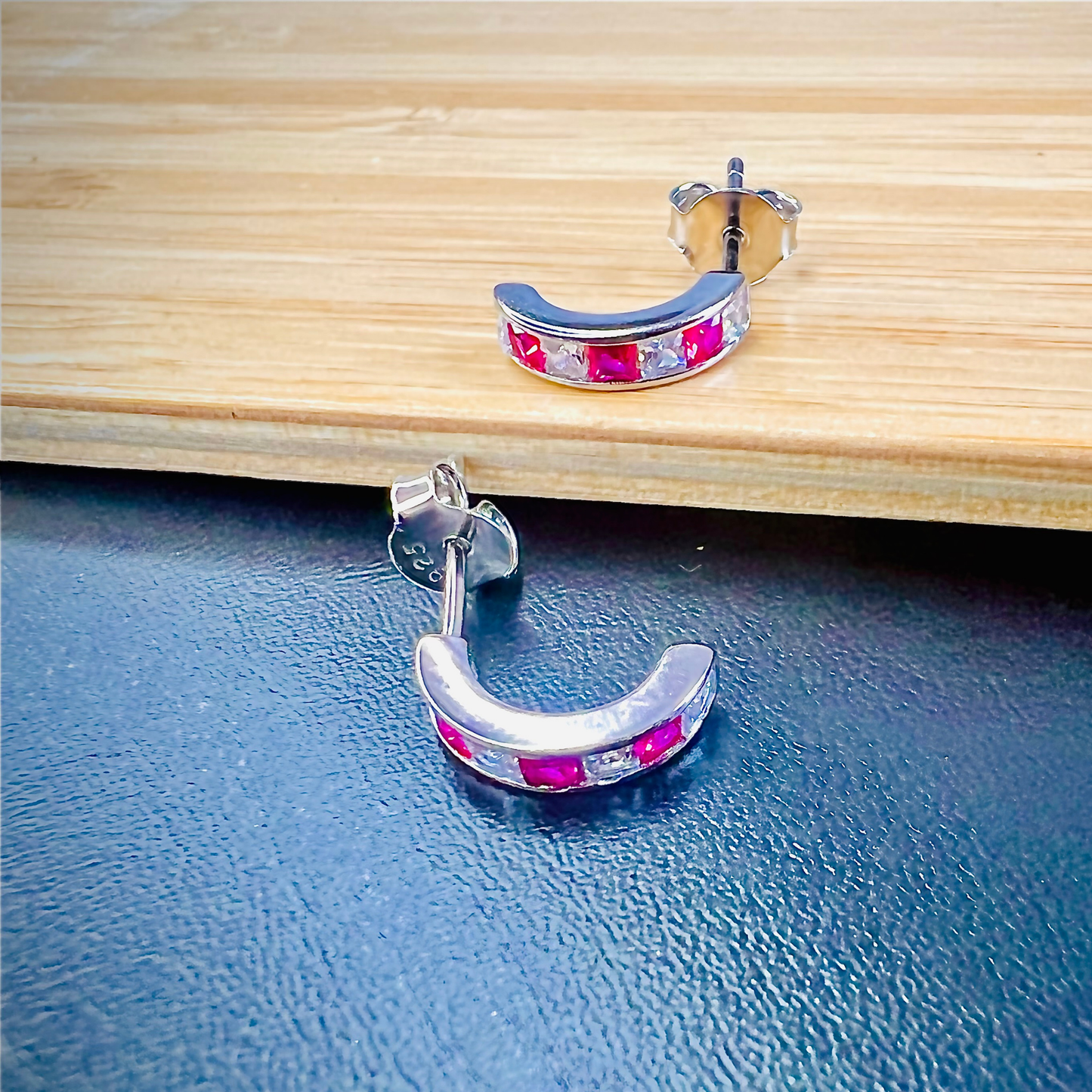 Sterling Silver Pink Half-hoop CZ Clear Studs Earrings