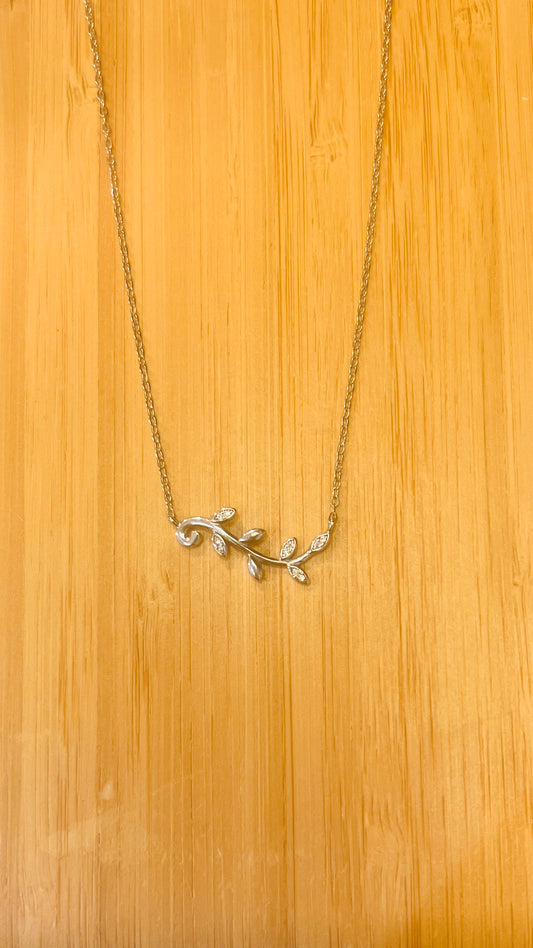 Kusuz Sterling Silver Olive Vine Branch Necklace – with CZ Crystals