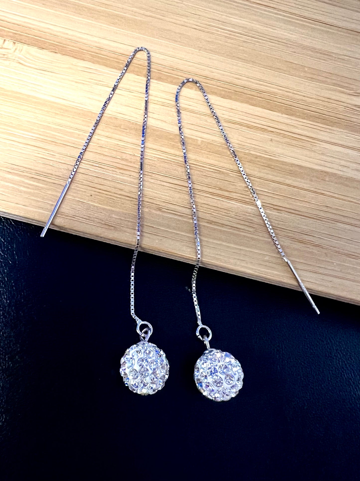 Sterling Silver Shambolla Clear Crystal Ball Long Threader Earrings