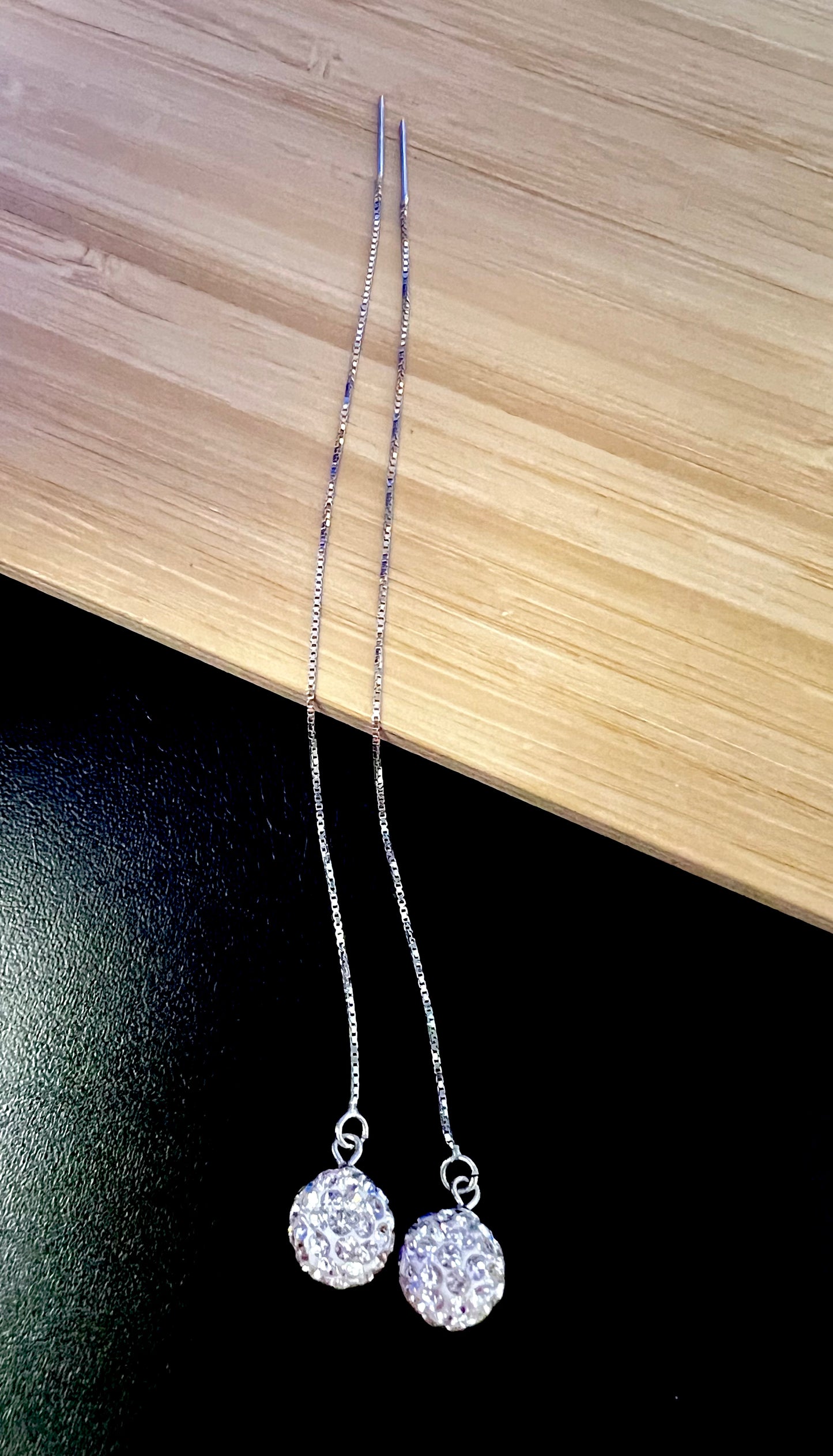 Sterling Silver Shambolla Clear Crystal Ball Long Threader Earrings