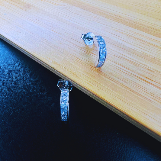Sterling Silver Half-hoop CZ Clear Studs Earrings