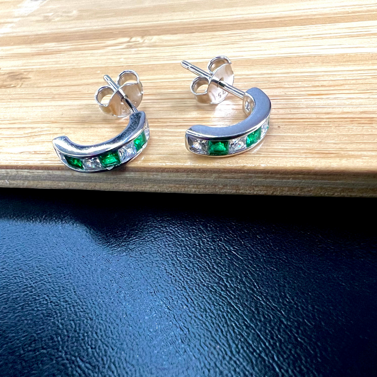 Sterling Silver Green Half-hoop CZ Clear Studs Earrings