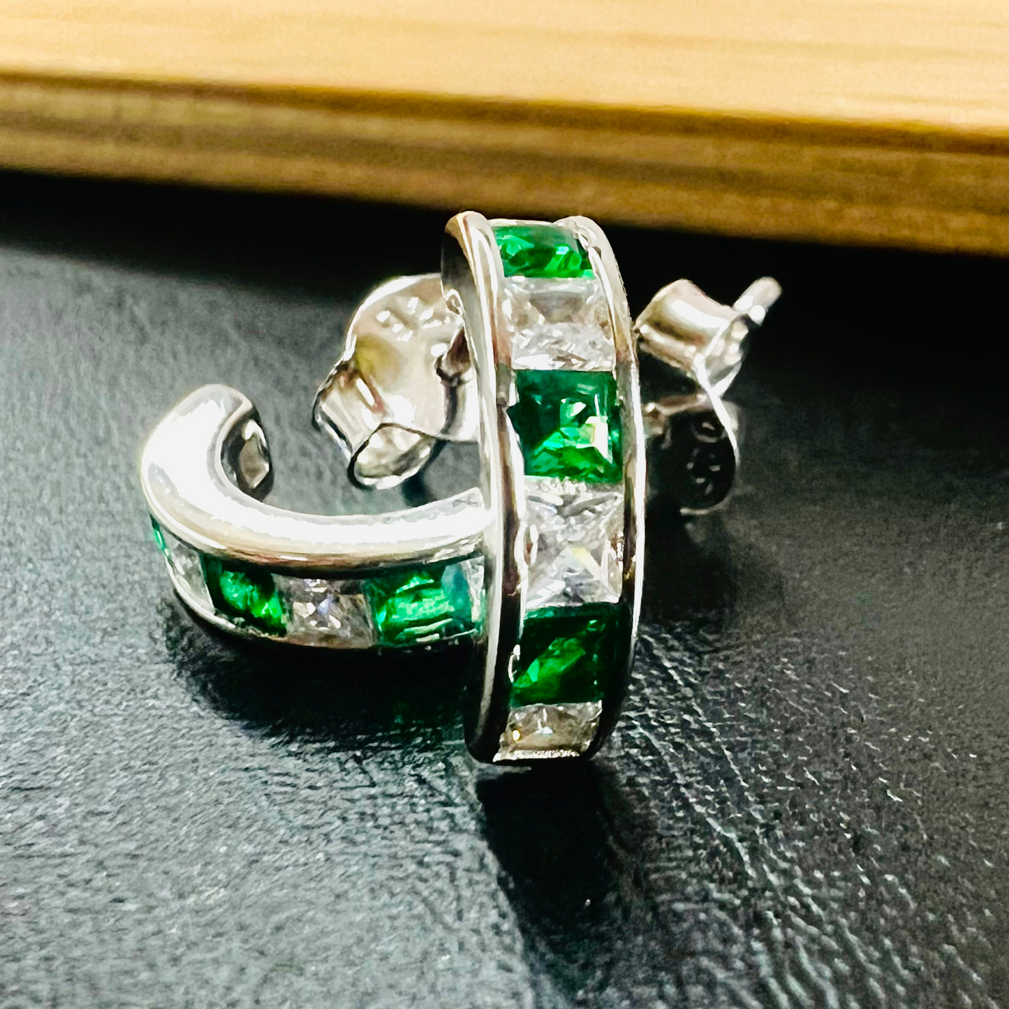 Sterling Silver Green Half-hoop CZ Clear Studs Earrings