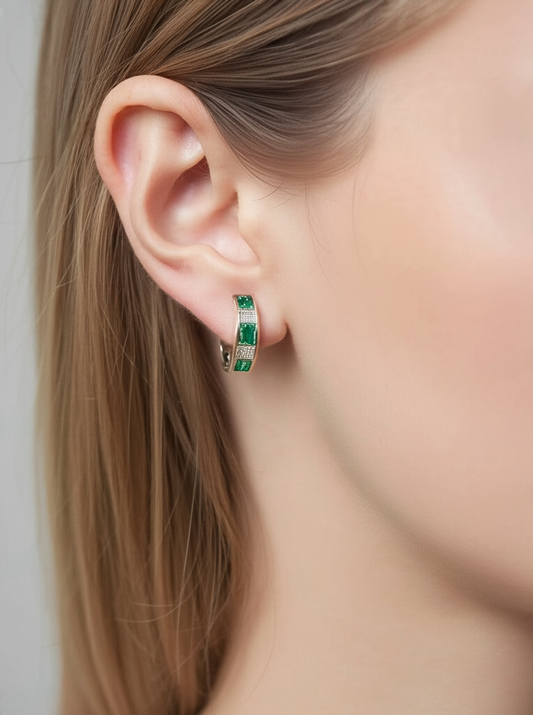 Sterling Silver Green Half-hoop CZ Clear Studs Earrings