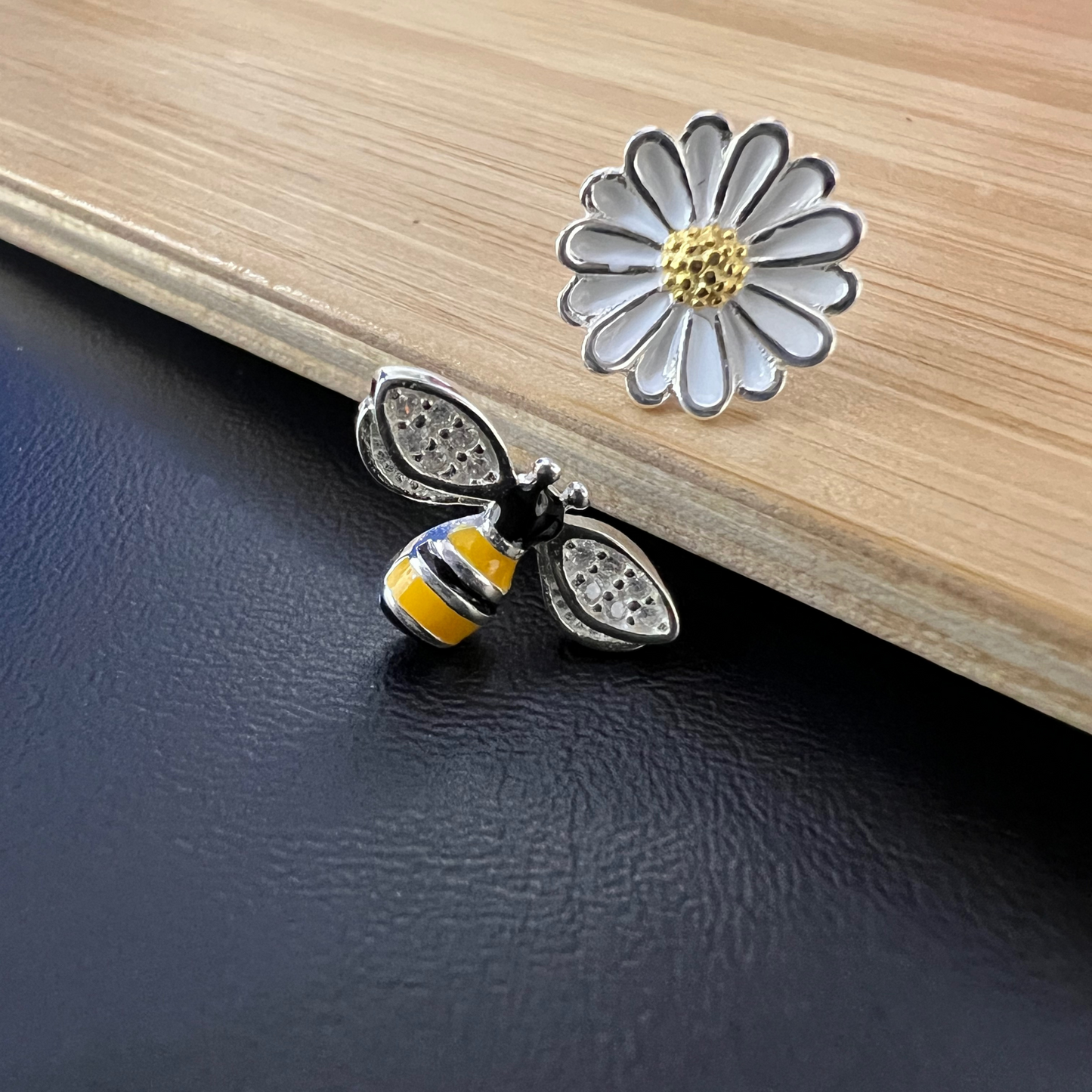 Sterling Silver Bumblebees and Flower Yellow and Black CZ Studs Earrings
