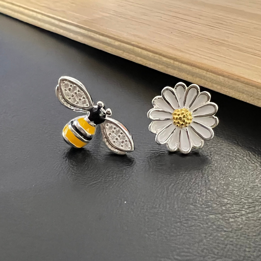 Sterling Silver Bumblebees and Flower Yellow and Black CZ Studs Earrings