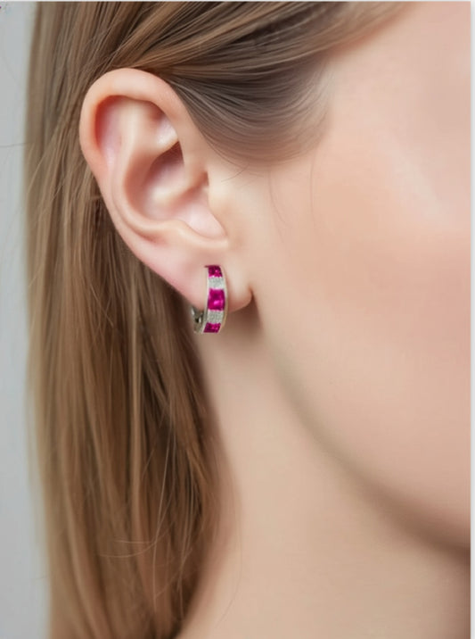 Sterling Silver Pink Half-hoop CZ Clear Studs Earrings