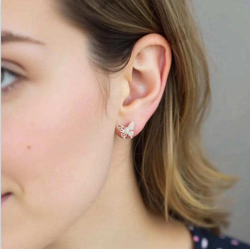 Sterling Silver Butterfly CZ Stud Earrings