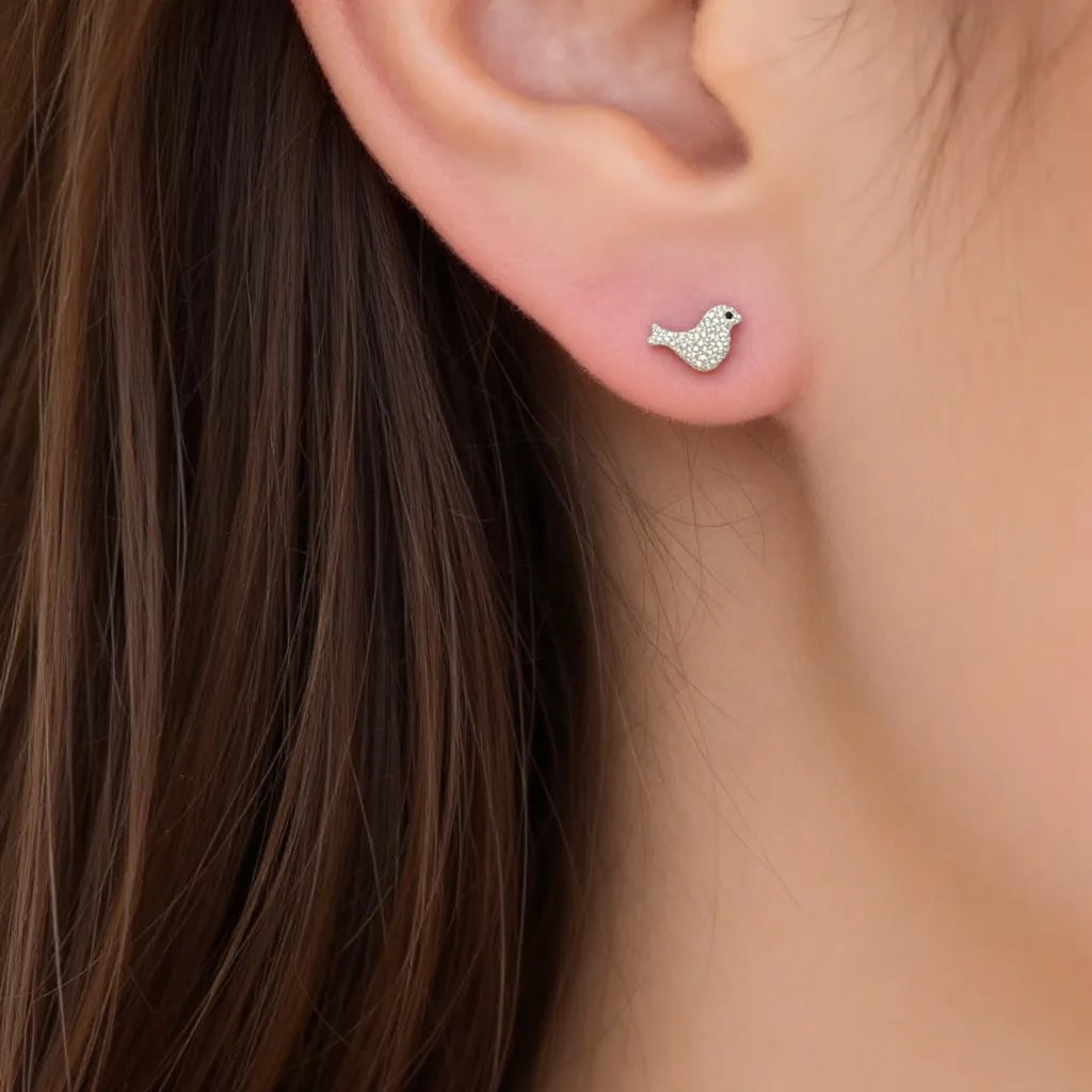 Sterling Silver Birds CZ Stud Earrings