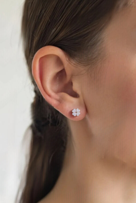 Sterling Silver Heart 4 leaf Clover CZ Stud Earrings