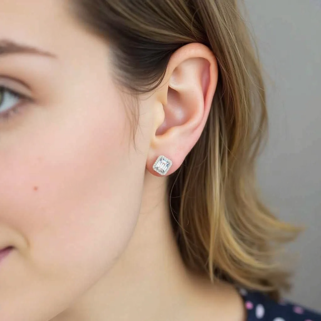 Sterling Silver Rectangle CZ Stud Earrings