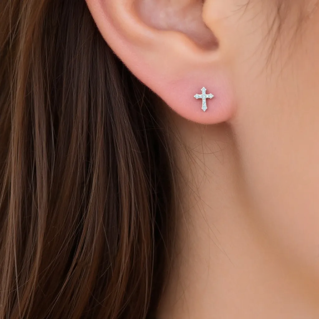 Sterling Silver Cross CZ Stud Earrings