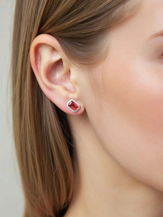 Sterling Silver Red Rectangle CZ Stud Earrings