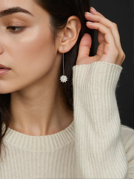 Sterling Silver Snowflake Frozen Flower White Crystal Long Threader Earrings