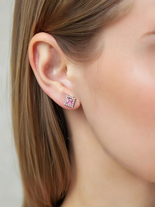 Sterling Silver Pink Square CZ Stud Earrings