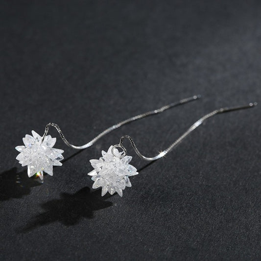 Sterling Silver Snowflake Frozen Flower White Crystal Long Threader Earrings