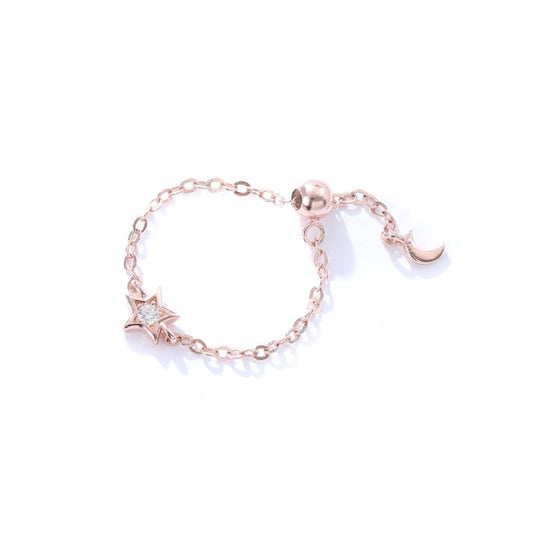 Sterling Silver Rose Gold Plated Flexible Slider Star and Moon Ring.