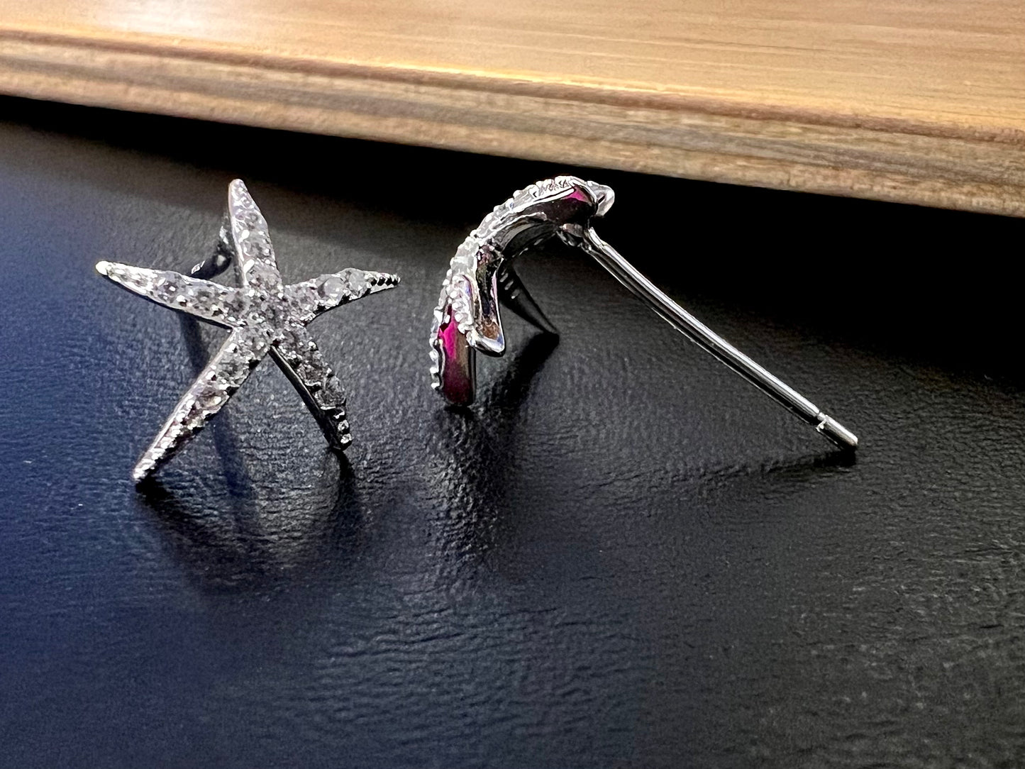 Sterling Silver Rhodium Plated Embossed Starfish CZ Studs Earrings