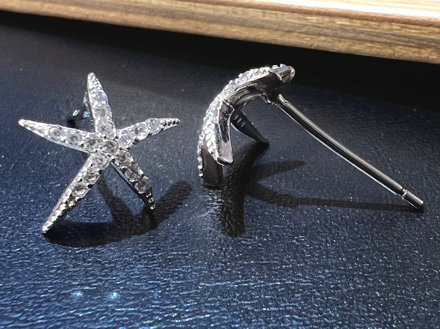 Sterling Silver Rhodium Plated Embossed Starfish CZ Studs Earrings