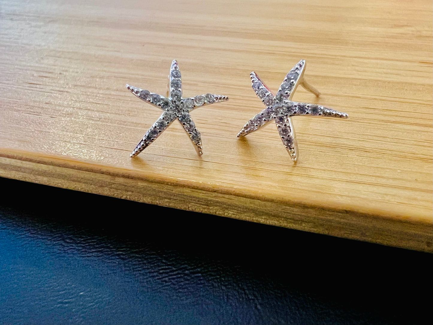 Sterling Silver Rhodium Plated Embossed Starfish CZ Studs Earrings