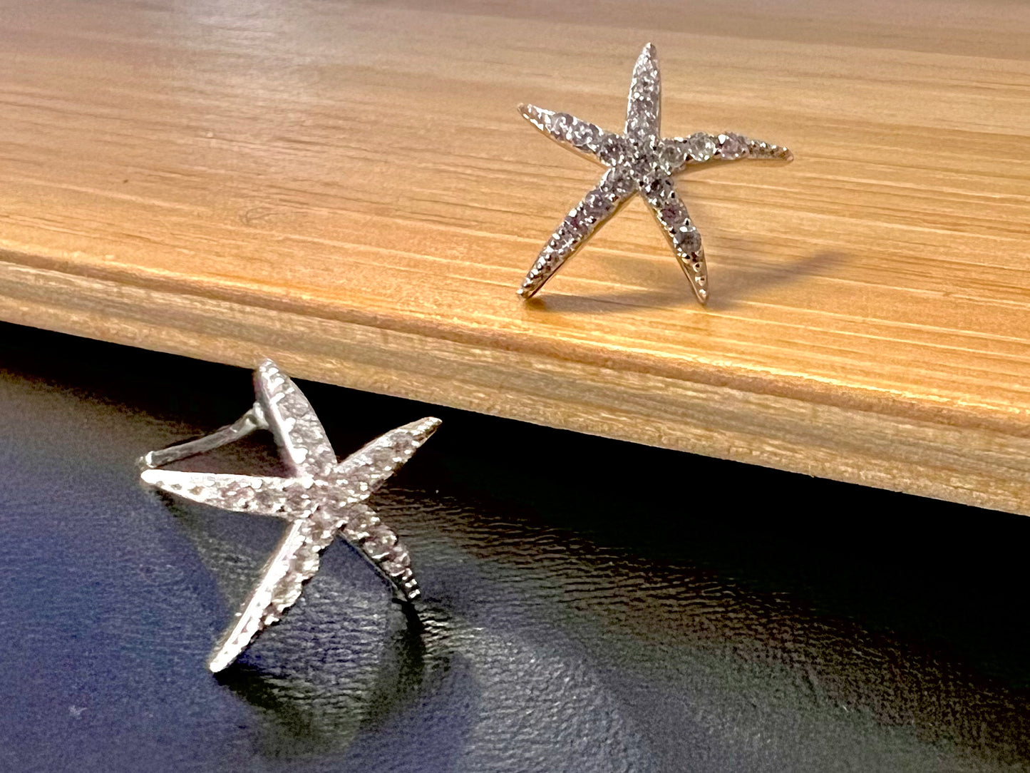 Sterling Silver Rhodium Plated Embossed Starfish CZ Studs Earrings