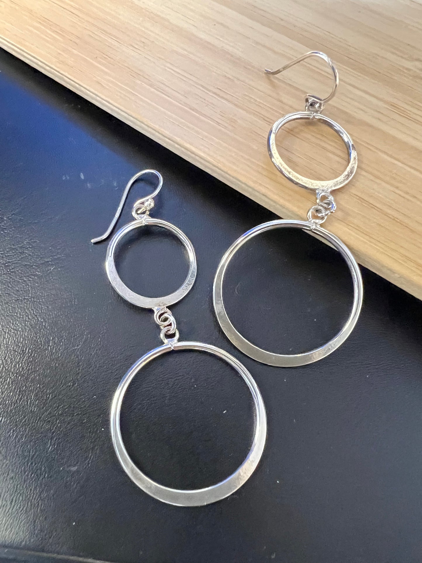 Sterling Sliver Plain Double Circle Dangling Earrings